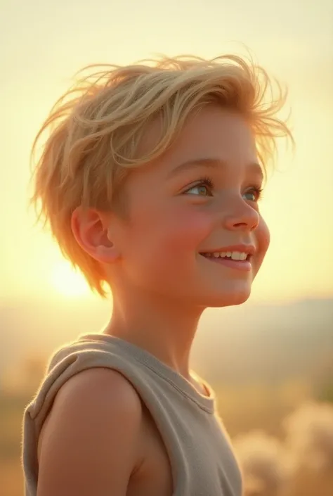 Worlds most beautiful boy,  smiling blond boy, from left side, side shot, good posture, proud, looking to the side, looking at the horizon, 
