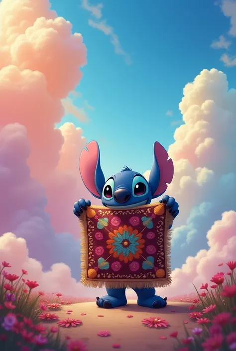 Stitch holding and selling a rug of himself 
With a multicolored cloud background