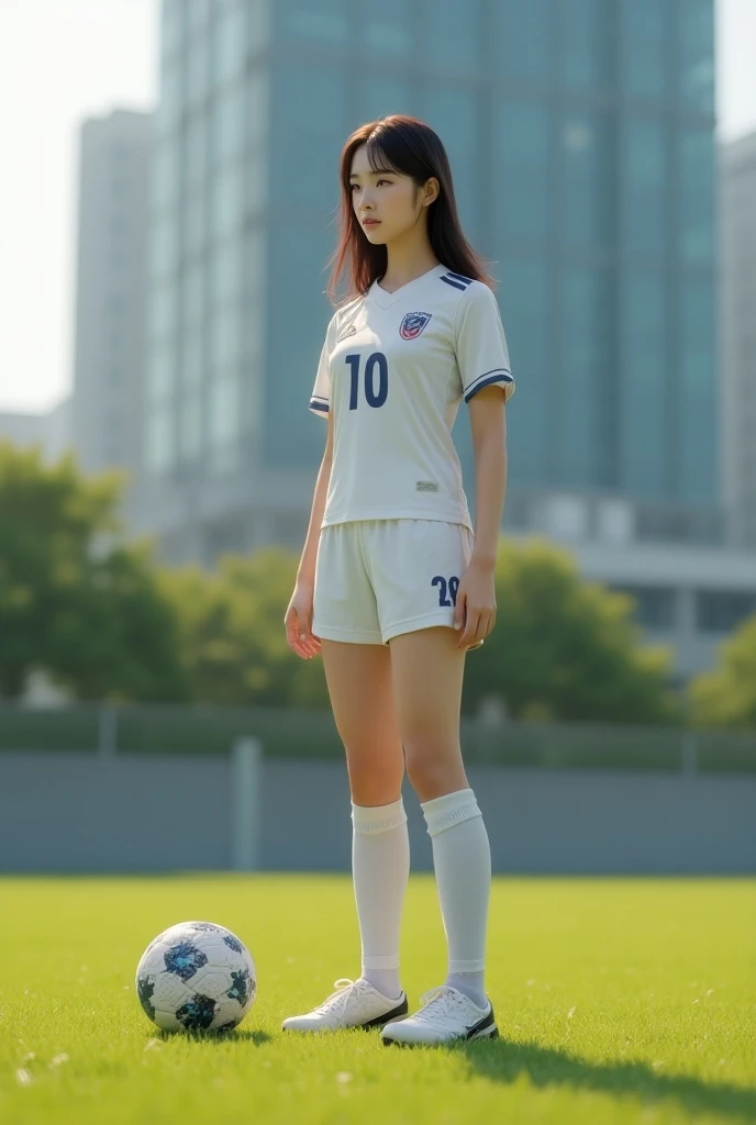 Full body detail face background realistic field above tall building pose cozy relax ,, there is a beautiful Korean girl , wear a football outfit complete with a back number like a professional Dy player doing a variety of poses ,wearing special ball shoes...