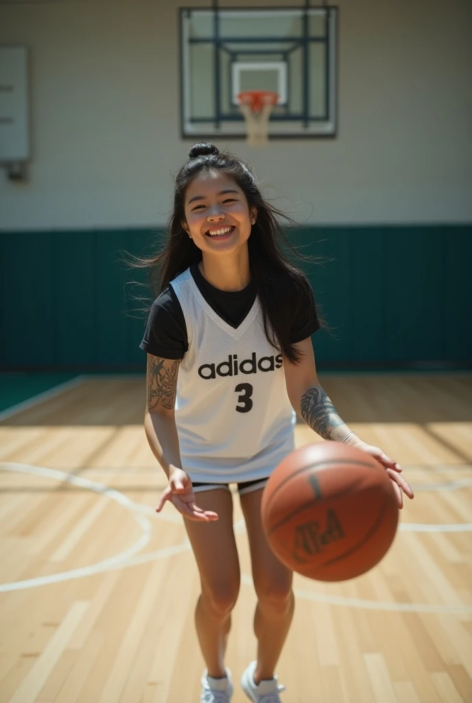 professional photography, a beautiful Korean woman with long hair in a bun Wearing a black t-shirt, white basketball vest, " Adidas " logo, tattoos on her arms, white sneakers, standing Catching a basketball on the basketball court, smiling, soft light, ma...