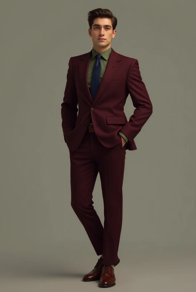 Deep wine color suit and olive green color shirt and navy blue color tie and medium brown shoe wearing young men