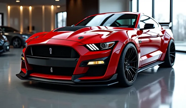 Create a 3d front lift back end  style render   lift style  back end 2025 Ford Mustang Shelby gt500 front lift  back end  “red with black clour with a “  2025 Ford Mustang Shelby gt500 ” logo on back. “”back end   . Headlights“in pure glossy black  with ul...