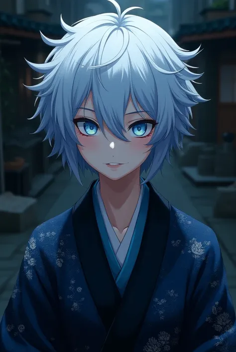 A psychopathic anime killer who has white and blue hair and a black and blue kimono with blue eyes and who has an evil smile 