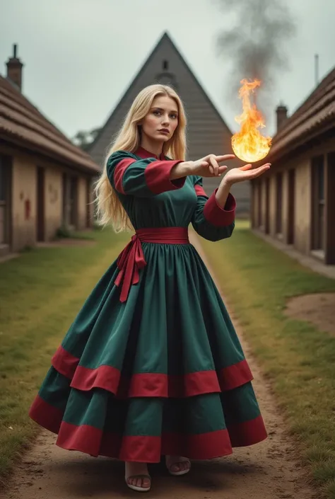 a beautiful sorceress with long blond hair casts a fireball in a dynamic pose against the background of a picturesque hobbit village, concentration, cold atmosphere, a bizarre mix of colors