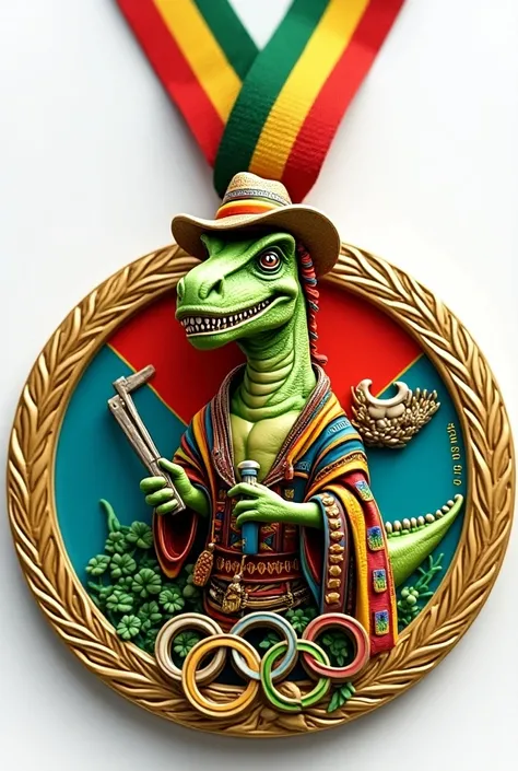 A MEDAL WITH GOLD BORDERS ,  A TYRANNOSAURUS REX CARTOON DENTIST WITH TYPICAL SUCRE COSTUME, Chuquisaca, BOLIVIA Y LA BANDERA DE Chuquisaca DE FONDO EN EL CENTRO .  OLYMPIC RINGS AND YEAR 2024 