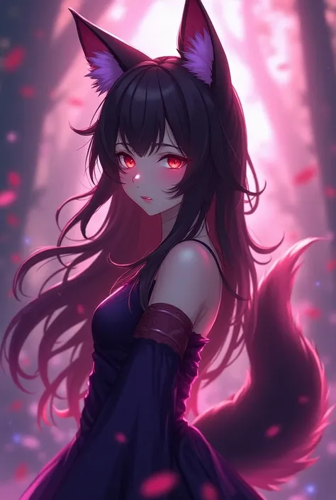  a woman with long brown darc hair red eyes purple fox  darc and red ears,anime style, vibrant and vivid colors