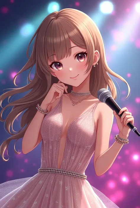 Anime girl with long brown hair in a Taylor Swift costume with a microphone in her hand