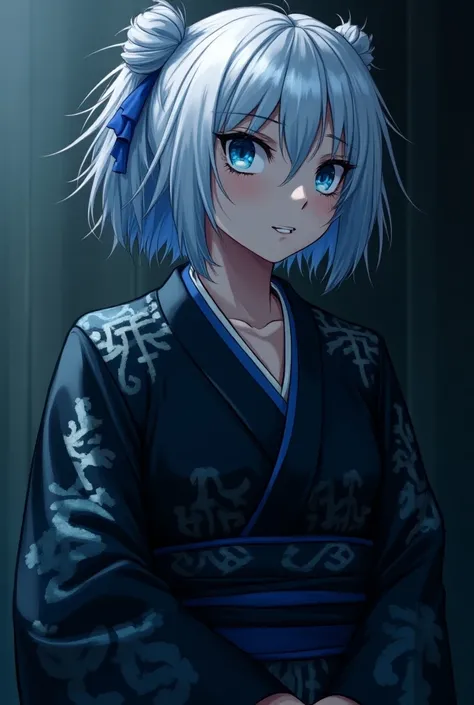 A psychopathic anime killer who has white and blue hair and a black and blue kimono with blue eyes and who has an evil smile and who is dangerous and who grows up 