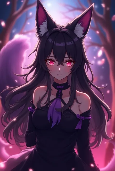  a woman with long brown darc hair red eyes purple fox  darc and red ears,anime style, vibrant and vivid colors