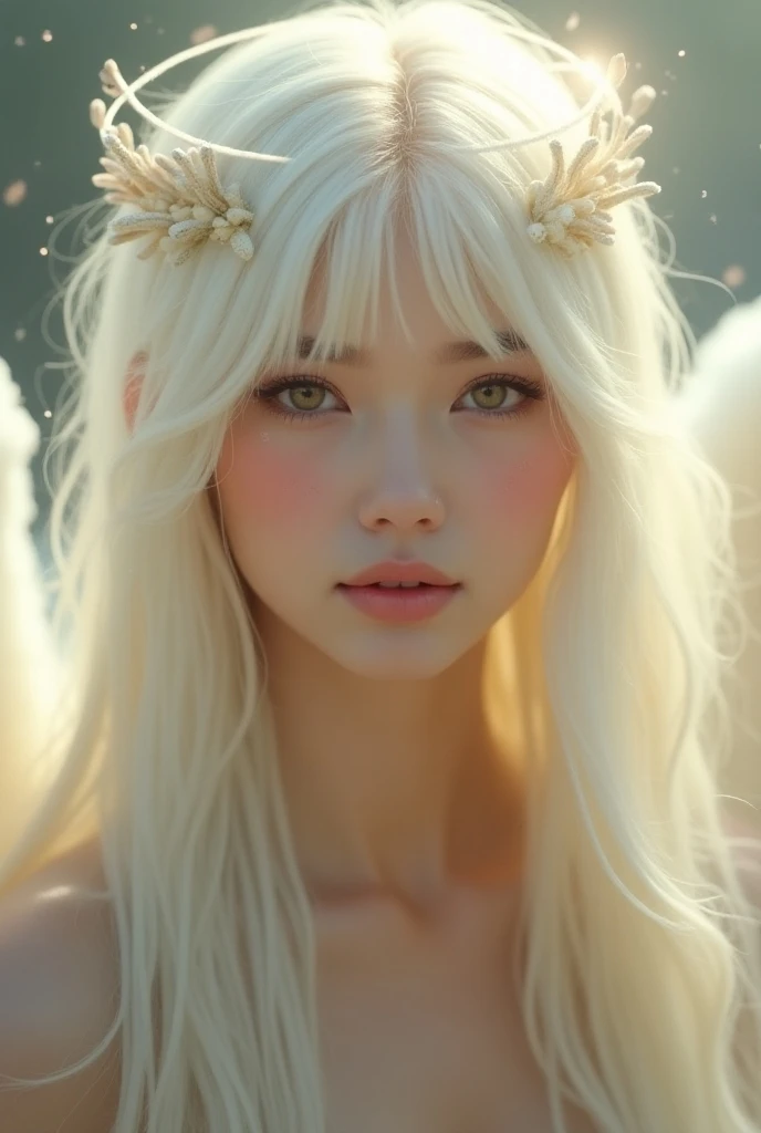 Very Beautiful Angel ,  looking at the camera ,  19-year-old white woman, Teary eyes,  Expression in Love , halo, white hair, fringe, long, seeds