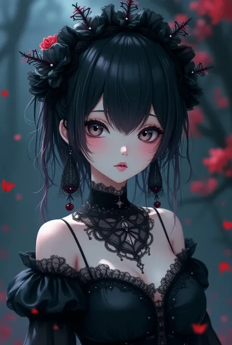 Young woman is a alive porcelain gothic doll, in a anime style, more likeable the jujutsu kaisen style.