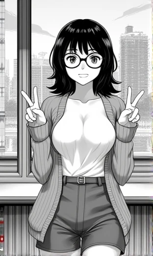  And white manga panel with schoolgirl with big glasses in a sweater wirh big cleavage and a short skirt and knee soxks and doing a peace sign wirh her hand and standing in front of a oicture window with kabukicho outside in studio ghobli animation style L...