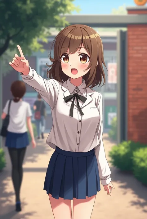 Teenage anime character inviting you to stop by pointing with one hand at a school exhibition in the background a course with students is seen as part of
 The door and the brick wall