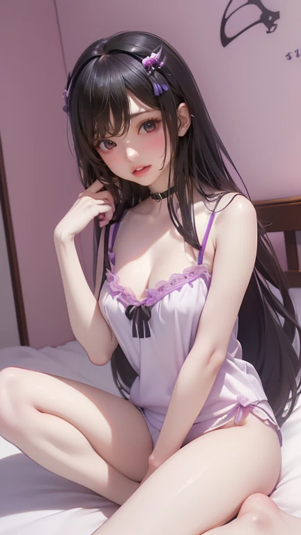 ((masterpiece, (Practical、

  A charming, slightly fleshy woman sitting on the bed . She must wear purple  "  T 恤， with a black NEZUKO 3D imprint on it  ,   black stylish straight hair  , White pajamas.   The background is a bright room with a DEMON SLAYER...