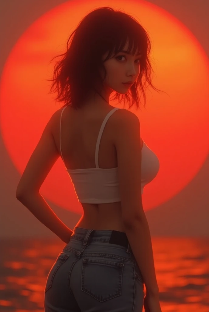  S SENSUAL girl, medium hair, looking at the viewer, brown eyes, gigantic breasts ,SENSUAL CLOTHING, JEANS PANTS AND SHORT LIGHT COLOR BLouse SHOWING HER BUTS, BIG ass, realistic epic, with JAPANESE features, a big red sun in the background, soft cinematic...