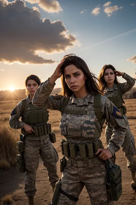 a group of female soldiers saluting, highly detailed military uniforms, disciplined posture, serious facial expressions, military base background, golden sunlight, volumetric lighting, cinematic composition, dramatic shadows, photorealistic, 8k, hyper deta...