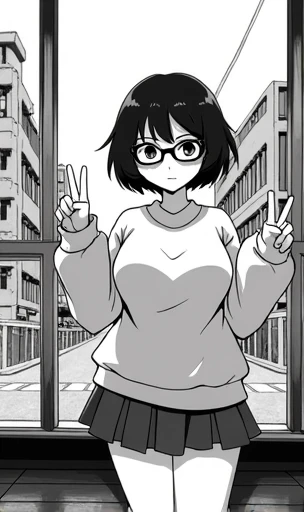  And white manga panel with schoolgirl with big glasses in a sweater wirh big cleavage and a short skirt and knee soxks and doing a peace sign wirh her hand and standing in front of a oicture window with kabukicho outside in studio ghobli animation style L...