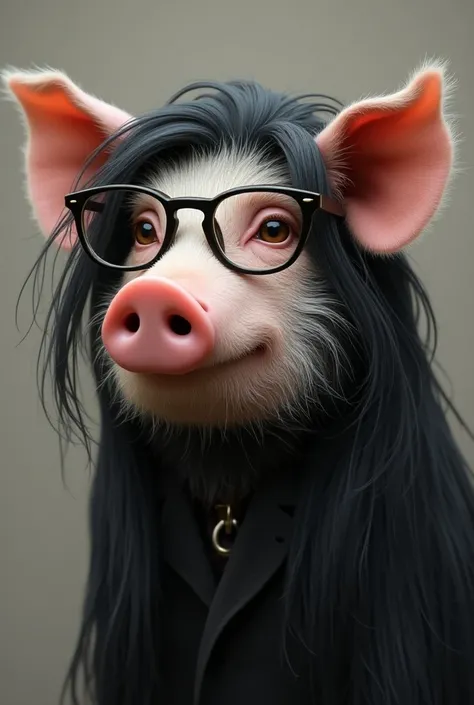  Create a pig with intellectual lenses, with straight hair on his head, black hair, The hair must be down all done