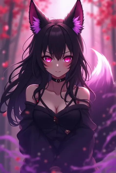  a woman with long brown darc hair red eyes purple fox  darc and red ears,anime style, vibrant and vivid colors