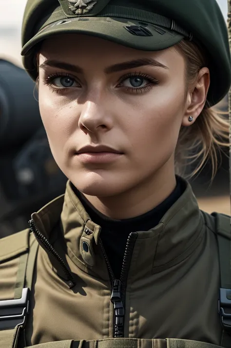 A female Bundeswehr soldier in full military uniform, highly detailed portrait, intricate military details, realistic skin texture, piercing eyes, determined expression, dynamic pose, military equipment, complex background, cinematic lighting, photorealist...