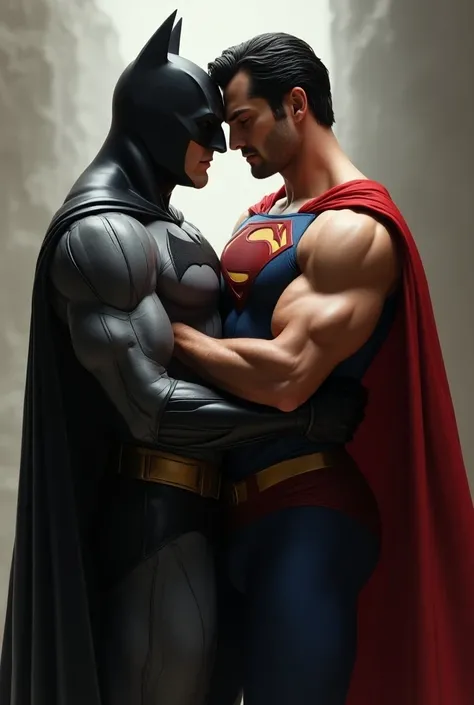 Bare-breasted Batman is muscular and hugs a muscular unclothed Superman
