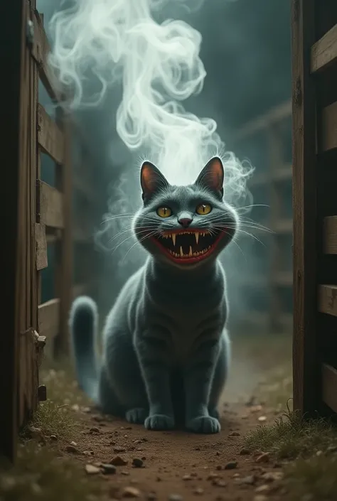 a corral, You let out smoke and that smoke turns into an Alice in Wonderland cat, with vampire teeth.