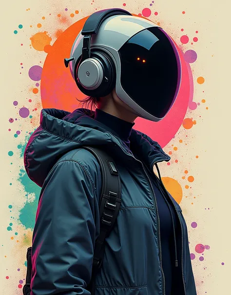 a woman in a helmet with headphones on and a splattered background, beeple and jeremiah ketner, greg beeple, futuristic art style, stunning digital illustration, style hybrid mix of beeple, jen bartel, sci - fi illustrations, sci-fi illustrations, beeple a...