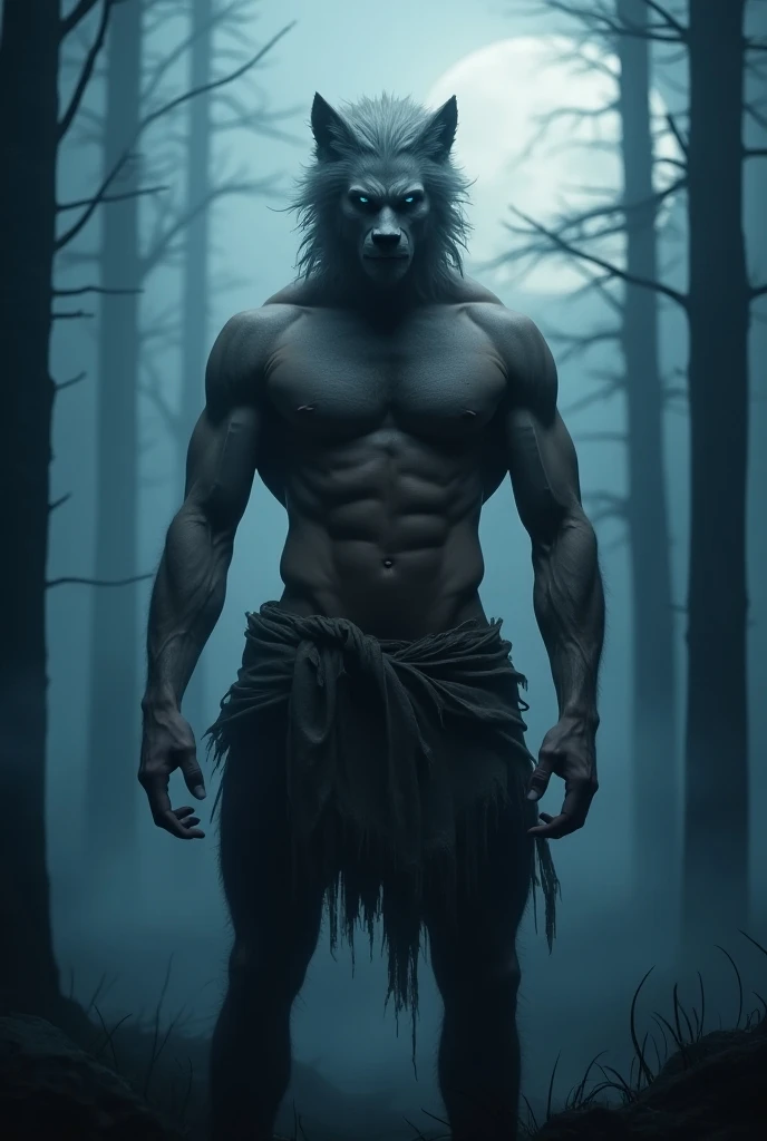 Photo-realistic, best quality, masterpiece, angry expression, super strong, muscular, detailed, short hair, destroyed loincloth, werewolf, werewolf ears, werewolf tail, half transformation, perfect human face, handsome young male model, 1, super male model...