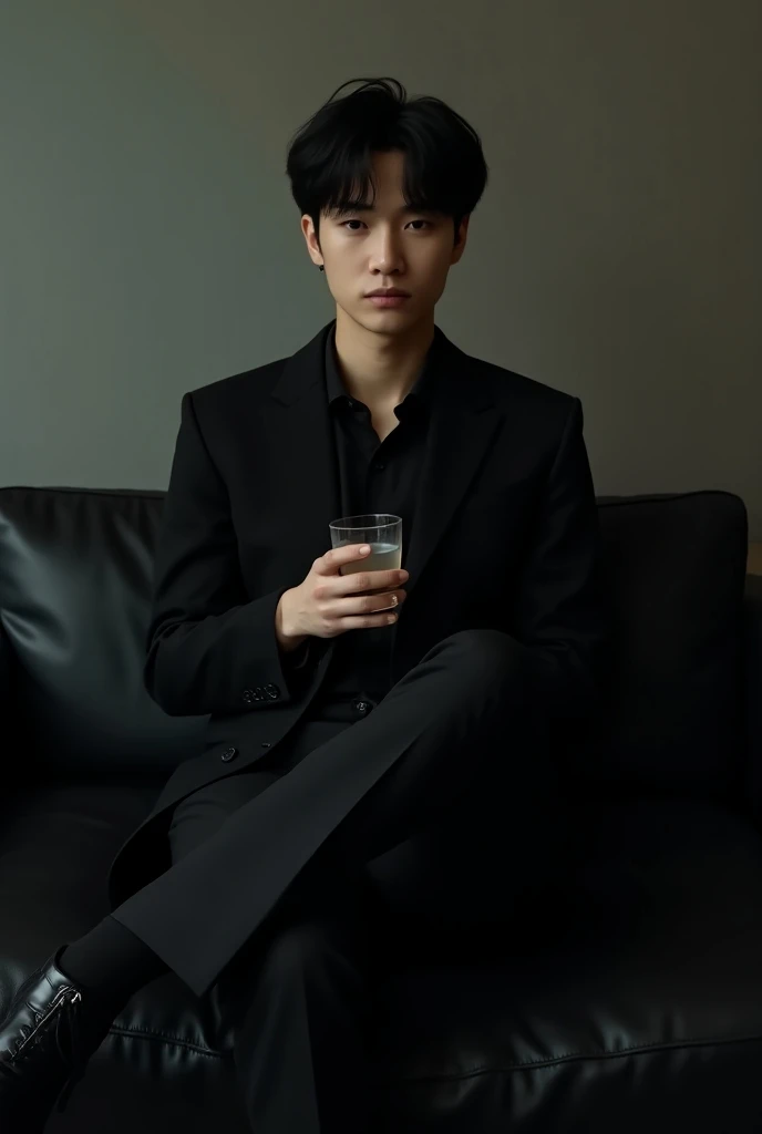 Suga sitting on a black leather couch looking forward neutrally dressed in a black suit and a drink in a glass cup in his hand