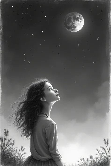 Girl stargazing image made with pencil
