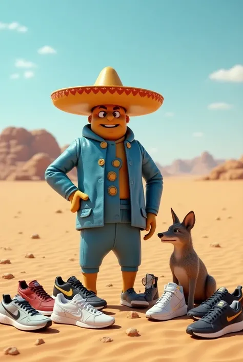 The Warner character Papa Leguas standing in the desert,  with several Nike , Puma, Wheel around him ,  sneakers with the coyote sitting next to him 