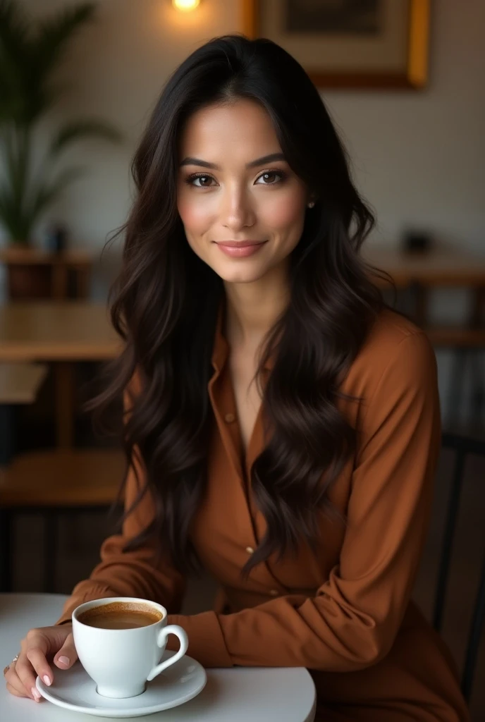  Create a photo of a beautiful brunette woman ,  of long and full black hair , She is an entrepreneur ,  is wearing brown clothes. in a coffee shop 