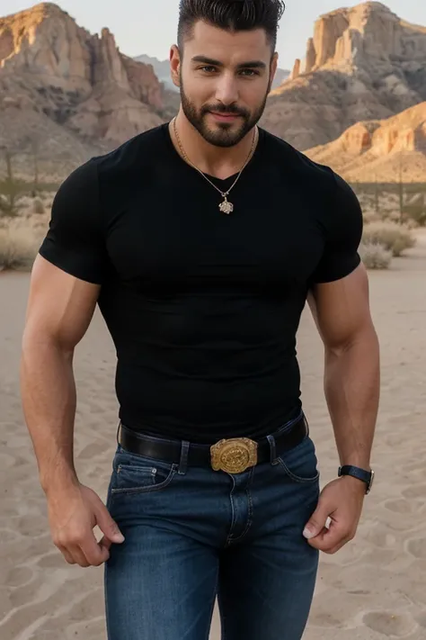 Michele Vittorio macho handsome black t-shirt, bearded and muscular man, very handsome and manly, intricate, elegant, smiling at camera, sharp focus, photo by greg rutkowski, soft natural lighting, sunset in background, vibrant colors, masterpiece, in midd...