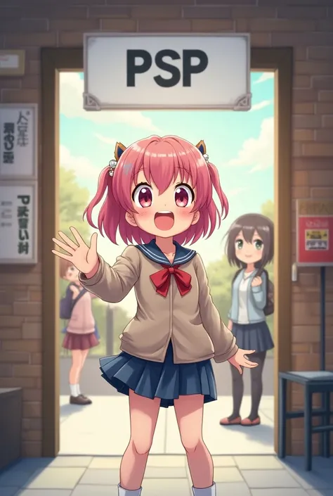 Student anime character 
inviting men to pass by pointing with one hand at a school exhibition in the background a course with students and chairs can be seen part of
 The door and the brick wall. Above the student a sign 
Say PSP 