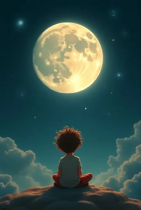 A boy with curly hair sitting on the moon with stars around him 