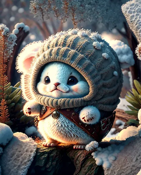 highest quality、" 剣と盾を手に持つcute生き物たち. 、（location: forest ）,the season is winter、  detailed , in 8k、highest quality、 cute creature...