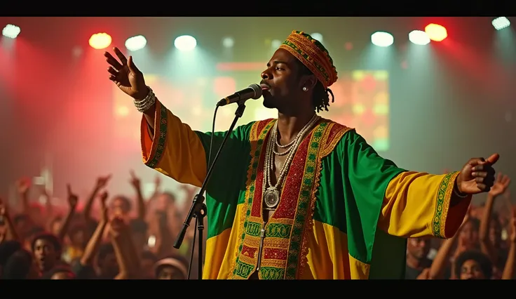 Republic of the Congo as a jungle african 2000´s rapper singer in green, yellow and red. intricated costumes, rapper singing in a concert scenary. cinematic view