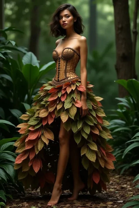 Make me a model wearing a wooden corset with a voluminous medium skirt made of leaves and around thin and large branches 