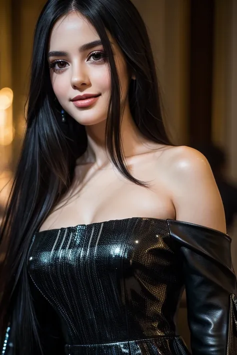 1 girl, Alone, very detailed eyes ,  beautiful face very detailed,  Long black hair,  high resolution , long dress, Very polite dress, white,  looking at the spectator, smile,  open mouth, Cabello negro,  high resolution ,  masterpiece, Detail, Details alt...