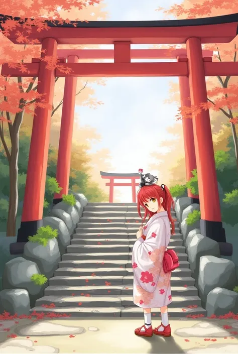 (( masterpiece, The best quality )), outside, red torii , tree,  stairs,, 2 girls, Monkey,Monkey,  looking at the spectator,  looking back,, red shoes, red Love, by black,floweres de cerezo, day, flower, hair bun, hair Love, Japanese clothing, kimono, long...