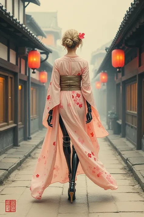 Ink Painting、Old paper texture、Damaged Paper、Old style、Faded color、Thick Fog、composition、Golden Ratio、Functional、grace、 detail、background、Soft colors、Blurred Lines、Paintings from the Edo period、A full-body view of a futuristic courtesan inspired by Marilyn...