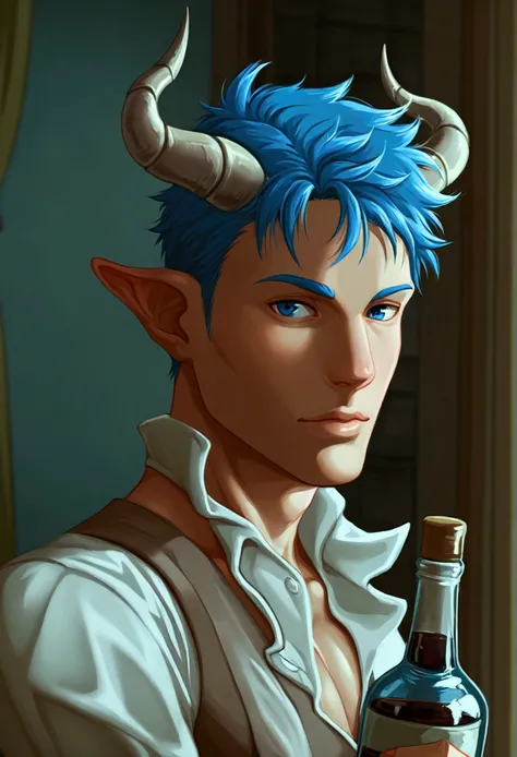 a man with blue hair and short horns,  he is wearing bulge underwear , holding a bottle with . scenario room. front view.