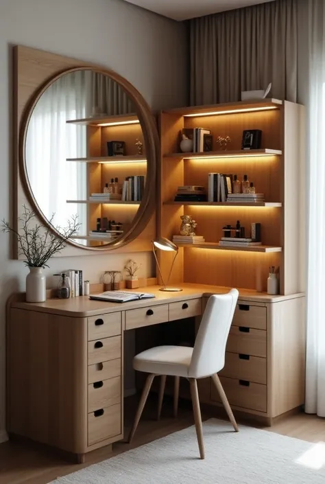 Create a stylish L-shaped vanity combined with a study table. The vanity features a mirror and a well-organized cosmetics shelf on one side, while the study table has two long shelves: one filled with various cosmetics and the other stacked with books. The...