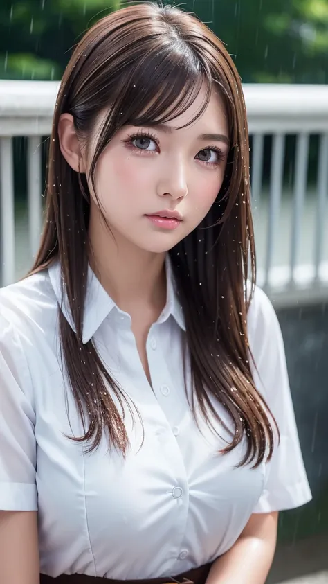 ((Highest quality)), ((masterpiece)), (detailed),  ((Brown hair)), (highschool girl), Beautiful girl, Very Cute Eyes, False eyelashes, (((Watery eye))), (cheek:1.3), (surprised:1.1), school uniform, Glossy thick lips, shiny white skin, close up upper body,...