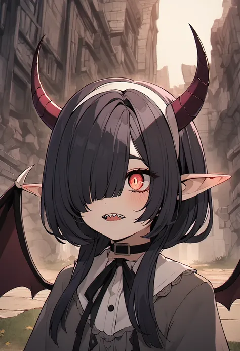 rosto detalhado, grandes olhos, sharp teeth, hair over eyes, hairband, demon horns, demon wings, long hair, pointy ears, elf, bl...