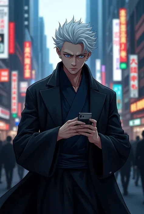 Gojo Satoru Walking in Shibuya Holding a Folding Cell Phone, Focusing on the Cell Phone and Gojos Face