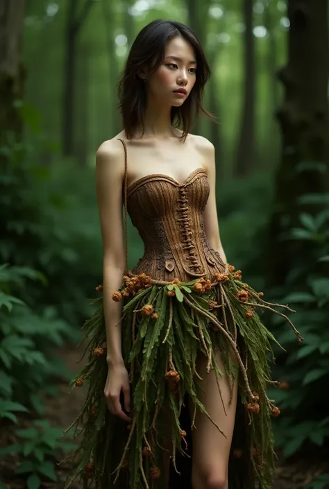 Make me a model wearing a wooden corset with a skirt made of leaves and around thin and large branches 