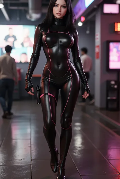 Pixar style, 3d model, a 3d render, Elisa as a character of metal gear solid, thick tights, slim waist, gothic girl, sensual gaze, cinematic, wearing black full body leather suit with pink details