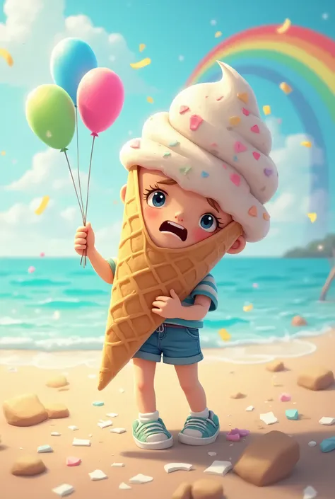 High quality, high resolution, photorealistic, detailed,1 crumbling ice cream falling to the ground, sad girl , sunny, Colorful balloons, rainbow, 