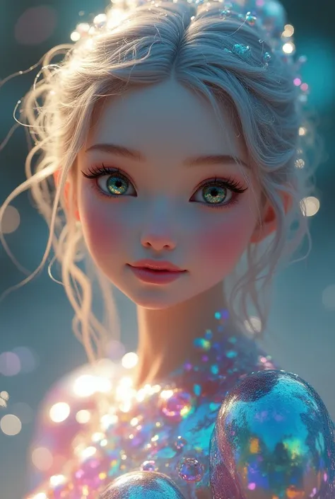 a cute fantasy CG girl, Clevage, made of colorful marbles looking at the viewer, highly detailed, photorealistic, hyper-realistic, 8k, masterpiece, intricate details, vibrant colors, colorful, realistic lighting, volumetric lighting, depth of field, cinema...